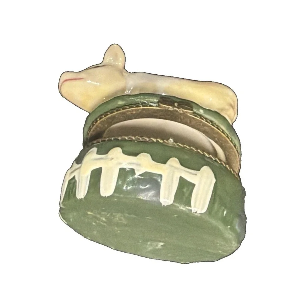 Trinket Box, Small Pig, Pink Green, Hinged Ceramic Farm Box